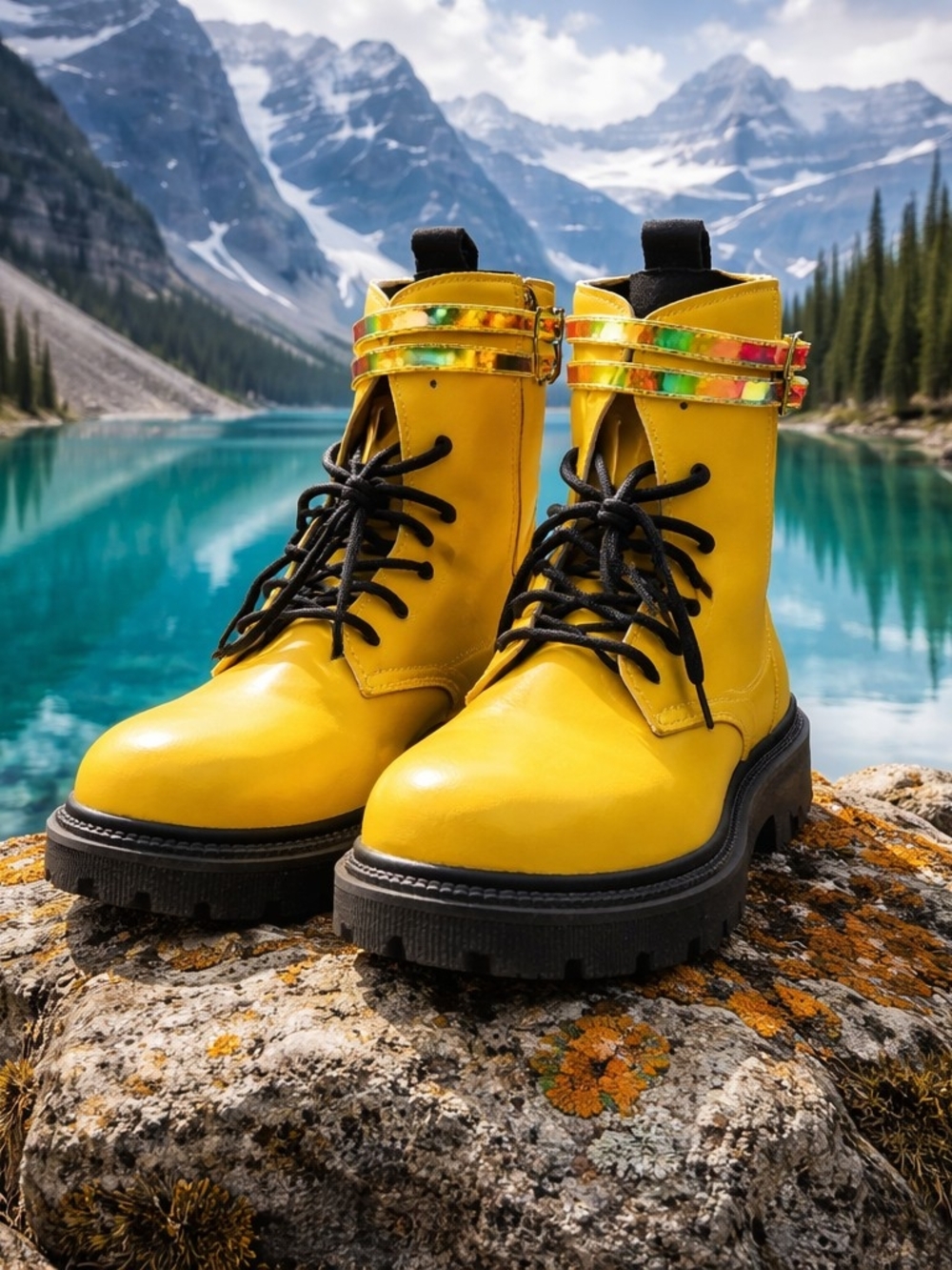 Yellow Combat Boots with Multicolor Strap - Women's Moto Boots